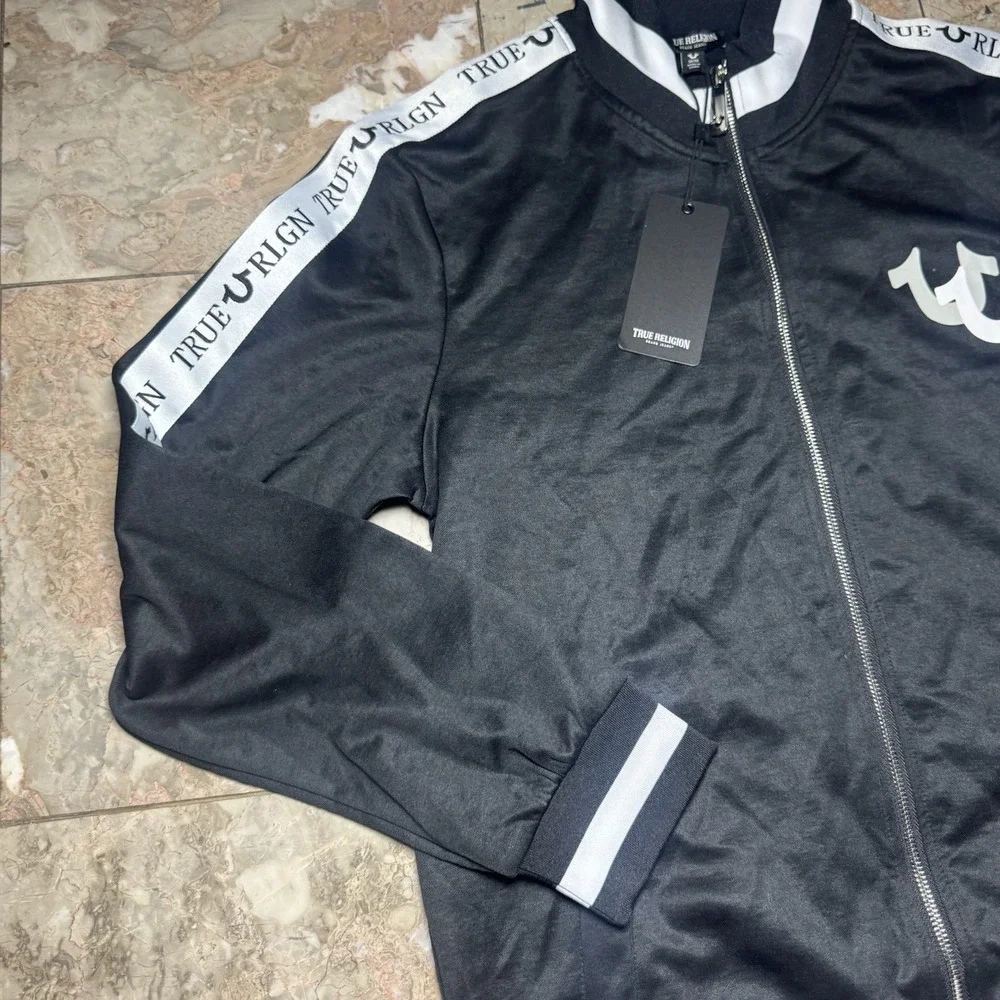 True Religion Tape Track Jacket Mens M Black Full Zip Logo NWT Style 506950